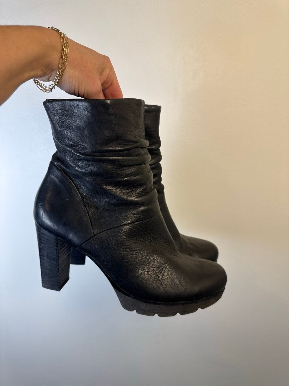 Paul Green Tina Platform Leather Slouch Ankle Boots Black - UK Size 5/US 7-7.5